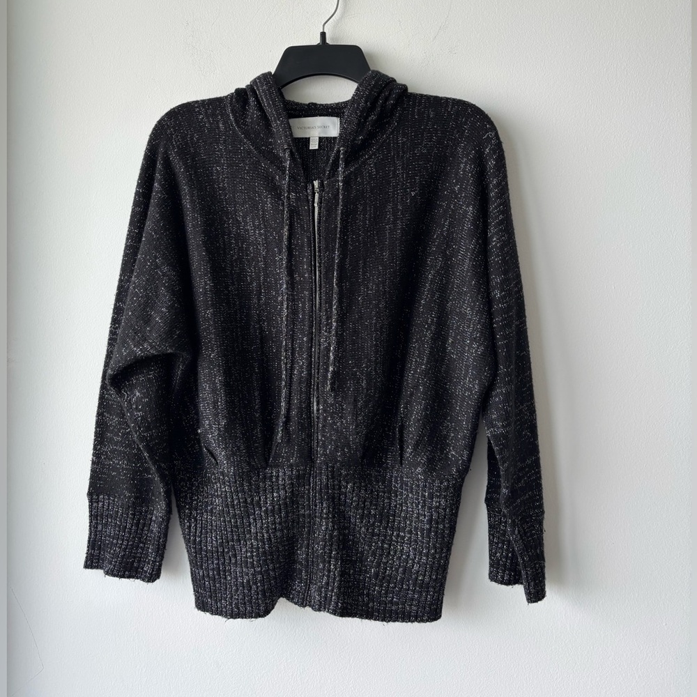 Y2K Victoria’s Secret Jacket Hooded Zip Black Silver Glitter Size M/L Glam Retro